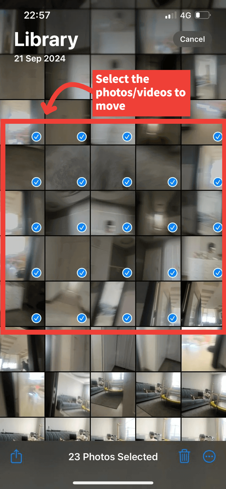 Select the photos and videos to move to Shared Album