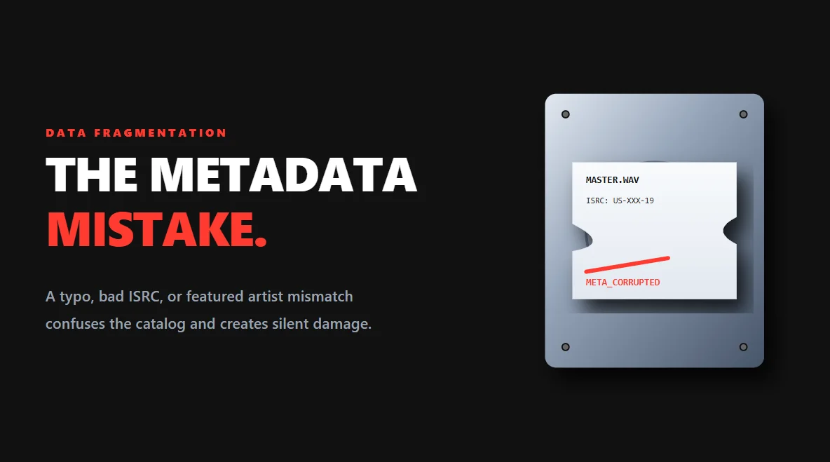 JSON code architecture diagram showing conflicting metadata fracturing the audio indexing process.