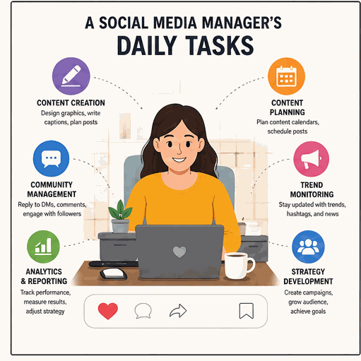 Daily tasks of a social media manager including content creation and analytics
