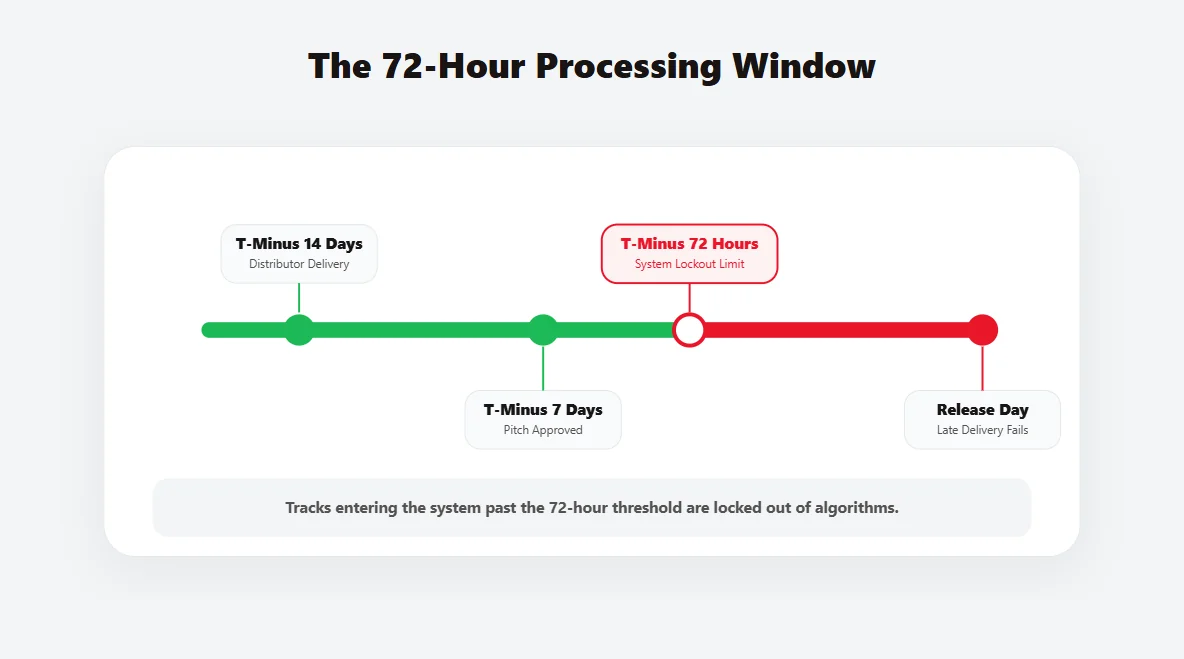 3D timeline interface showing the critical 72 hour Spotify metadata processing window required for playlist eligibility.