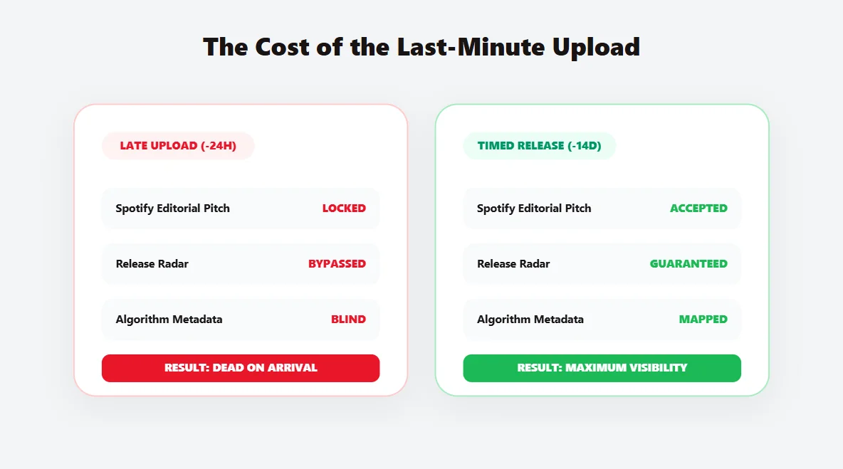 3D comparison panel contrasting the severe algorithmic penalties of a late upload versus a properly timed release strategy.