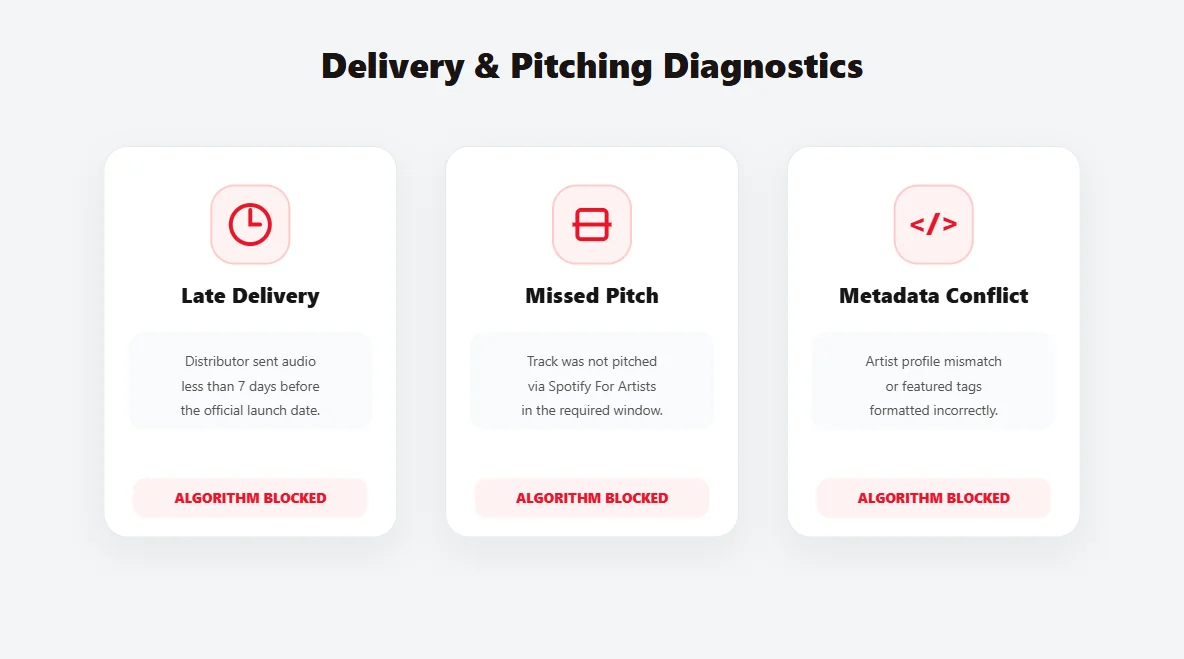 3D diagnostic dashboard identifying common delivery and pitching errors that block songs from Spotify editorial consideration.