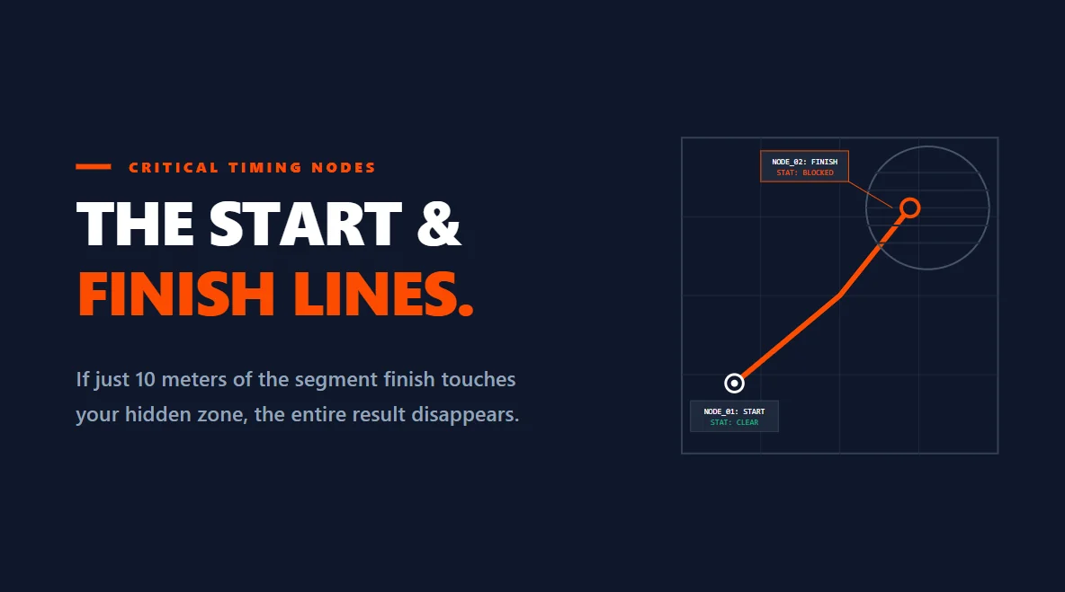 Detailed cartographic node inspector showing a segment finish line located inside a restricted geofence.