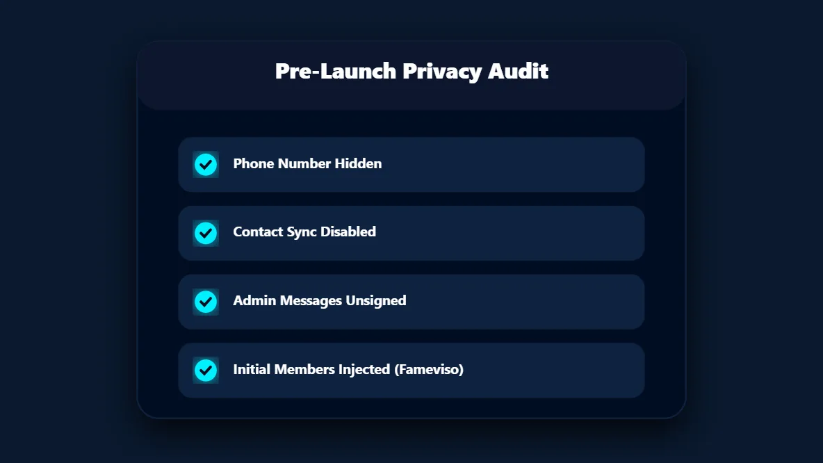 Digital checklist interface detailing the mandatory pre-launch privacy audit for anonymous Telegram operators.