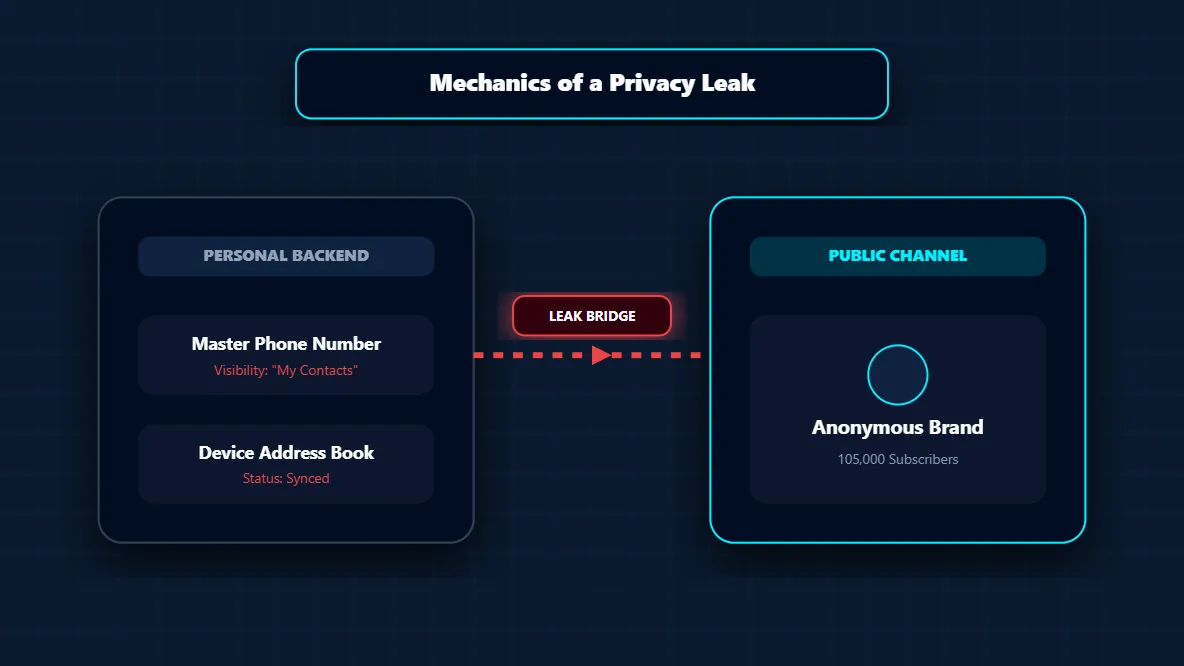 Data flow diagram demonstrating how personal account settings create vulnerabilities in anonymous Telegram channels.