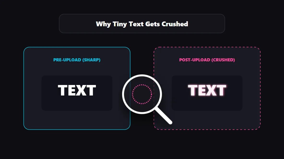 Magnifying glass analysis showing sharp vector text degrading into pixelated compression artifacts on Instagram.