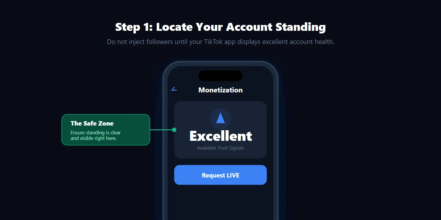 TikTok account health check dashboard showing excellent standing