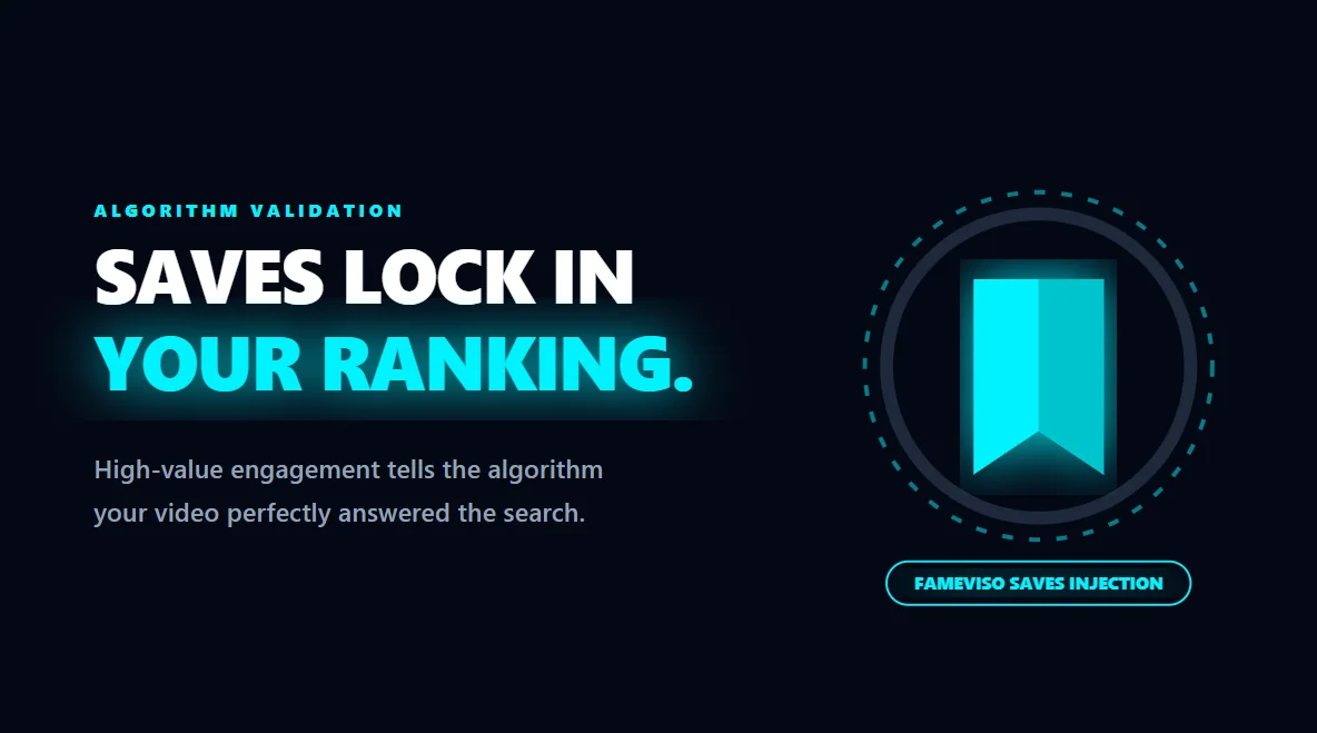 Glowing isometric data block demonstrating how TikTok Saves validate SEO relevance and lock in rankings.