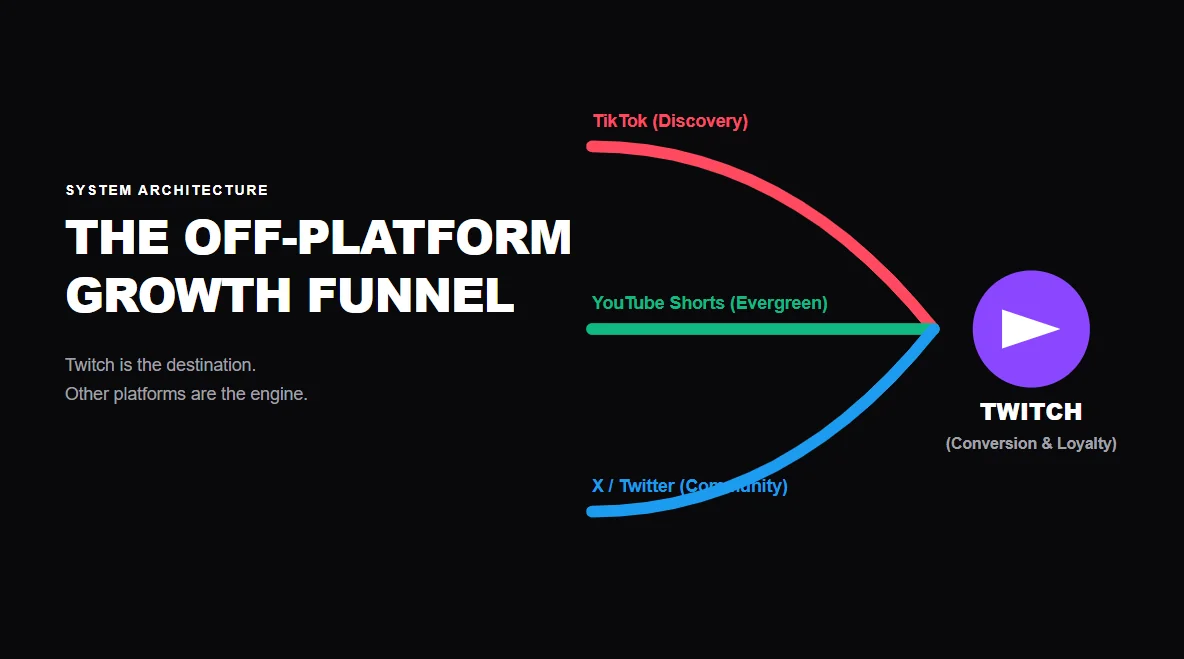 Tributary vector network mapping out a highly effective off-platform traffic funnel feeding directly into a Twitch stream.