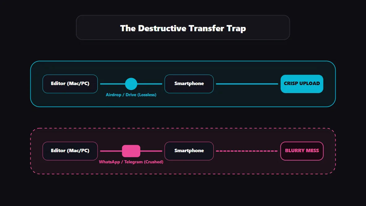 Visual comparison of a lossless video transfer workflow versus a destructive messaging app transfer workflow.