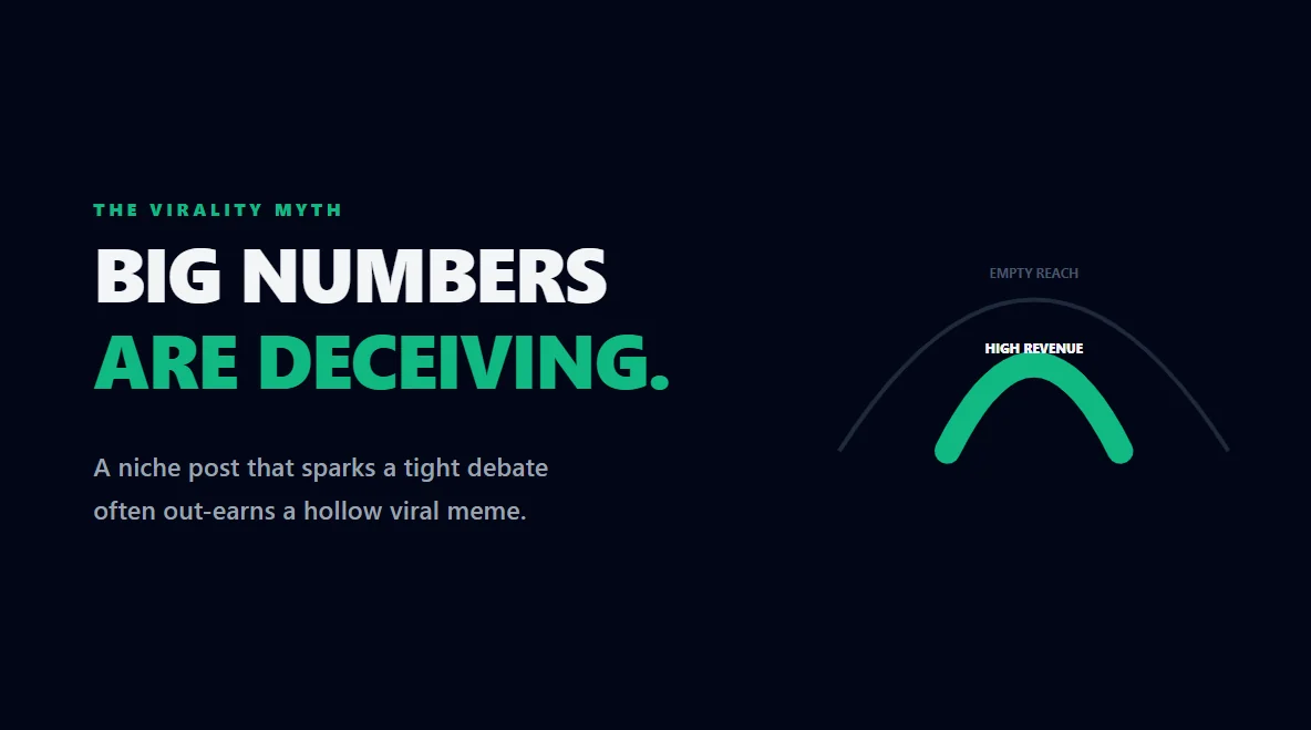 Abstract financial wave comparing massive empty viral reach against dense, high-revenue interactions.