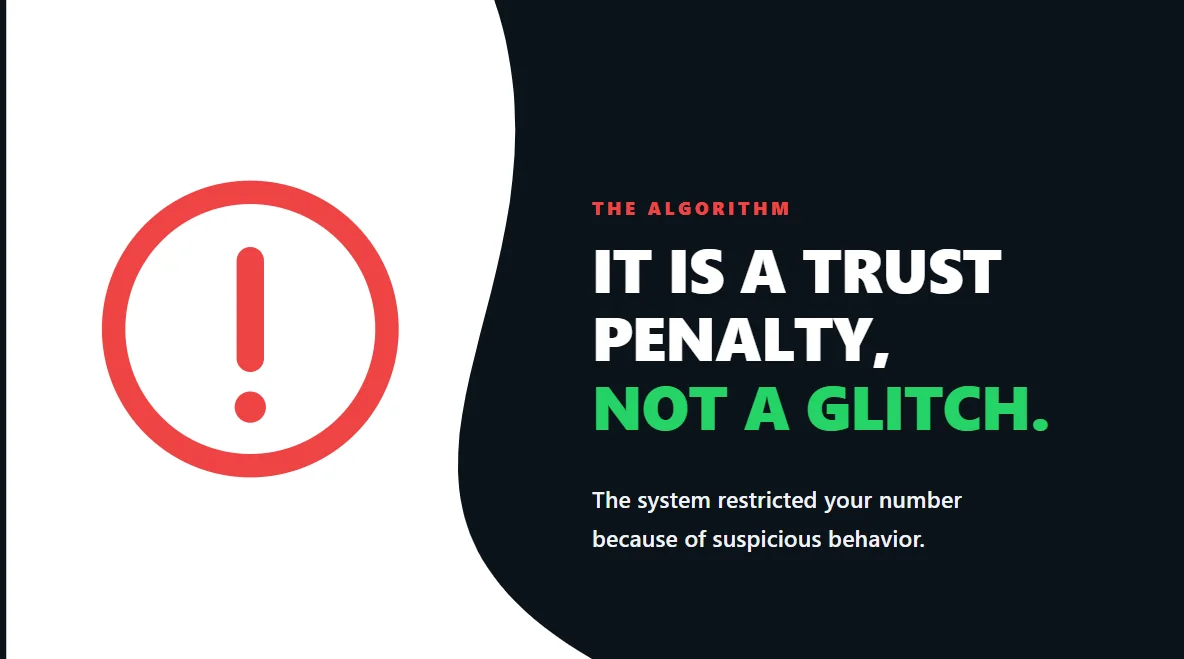 Bold typographic poster explaining that the WhatsApp ban is an automated trust penalty, not a glitch.