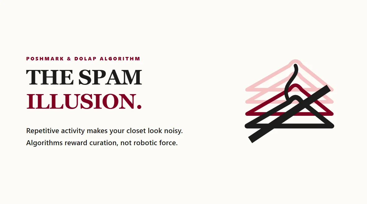 Abstract fashion hangers stacked repetitively, symbolizing spammy sharing behavior.