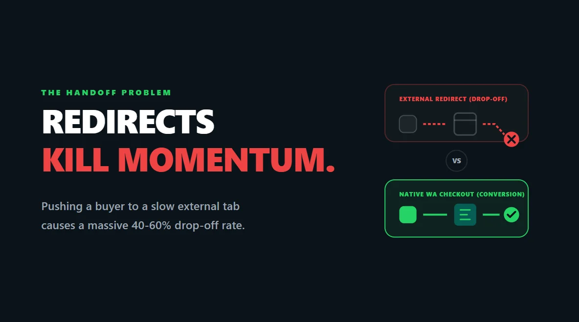 Visual comparison of a seamless WhatsApp checkout versus a clunky website redirect.