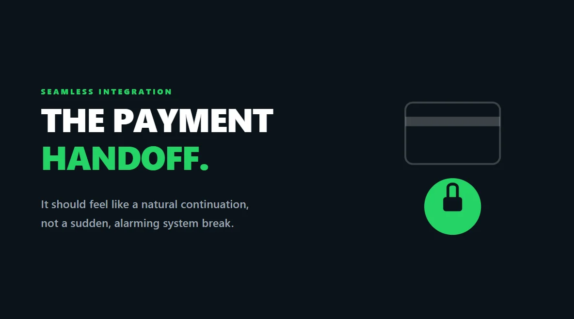 Floating transparent payment terminal graphic illustrating a seamless payment handoff in WhatsApp.