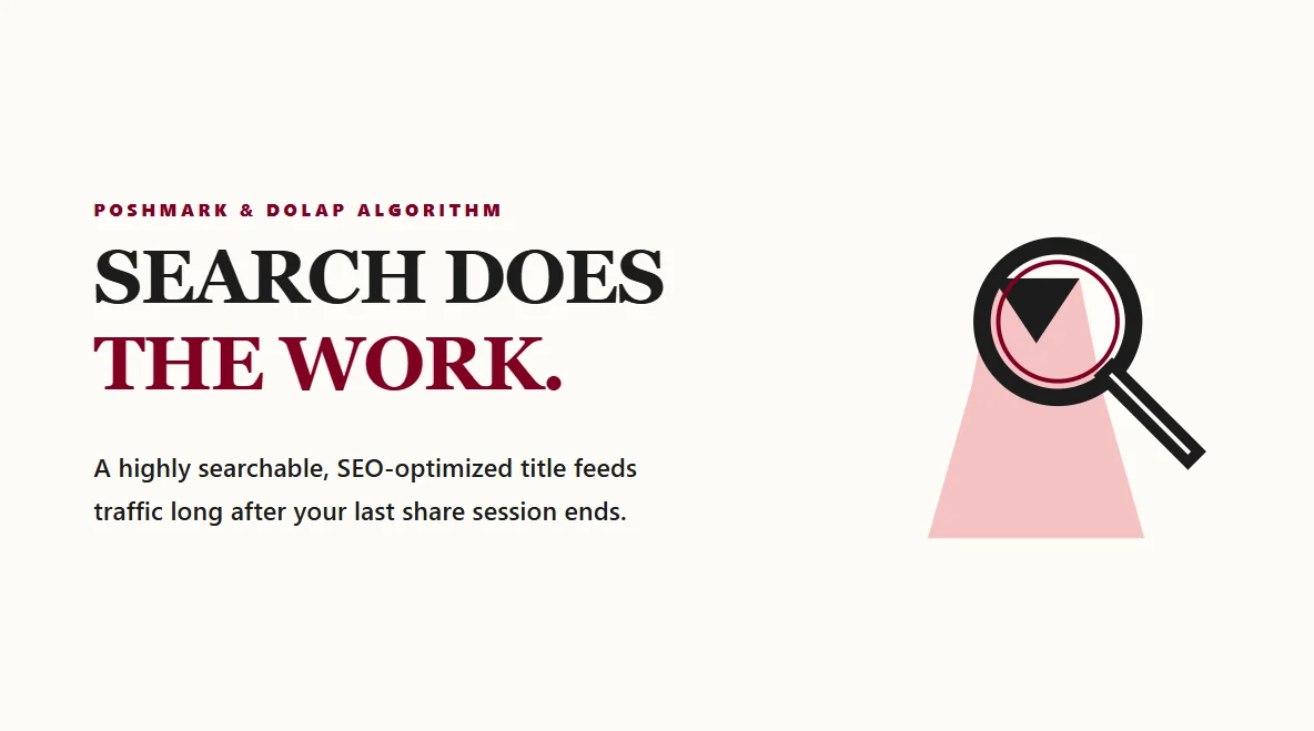 A massive magnifying glass over an abstract dress, showing search dominance over manual shares.