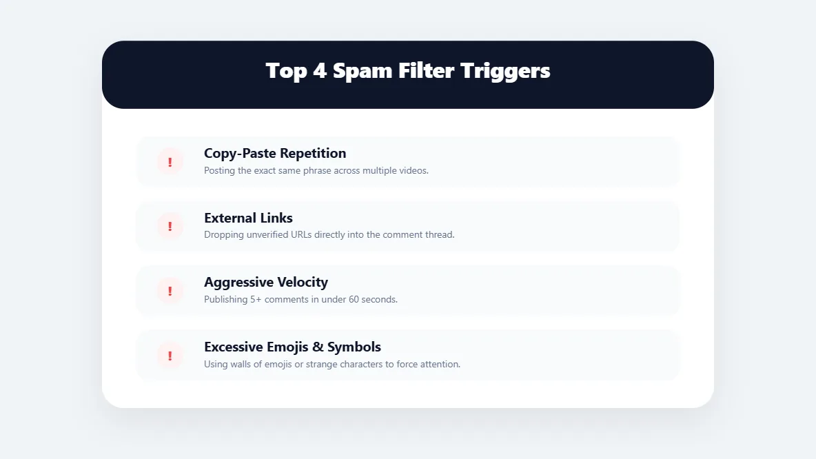 Warning panel listing the most common behavioral triggers that cause the YouTube spam filter to activate.