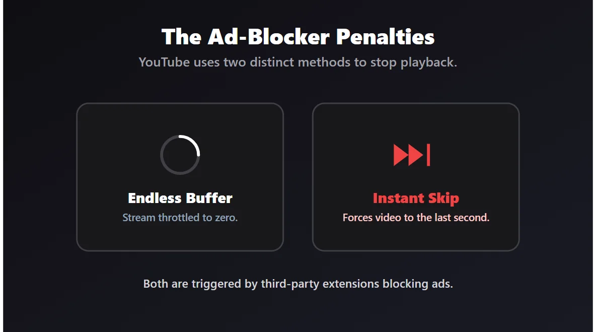 Frustrated user staring at a YouTube video instantly skipping to the end due to an ad blocker penalty.